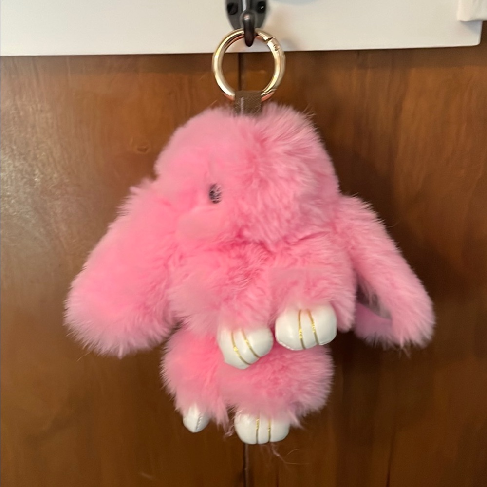 Bright Pink Fluffy Bunny Keychain